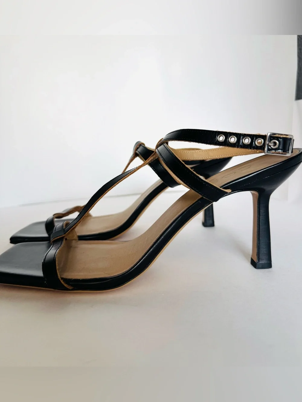 EUC COS Elegant Black Strappy Square Toe Leather Heeled Sandals US11 Minimalist